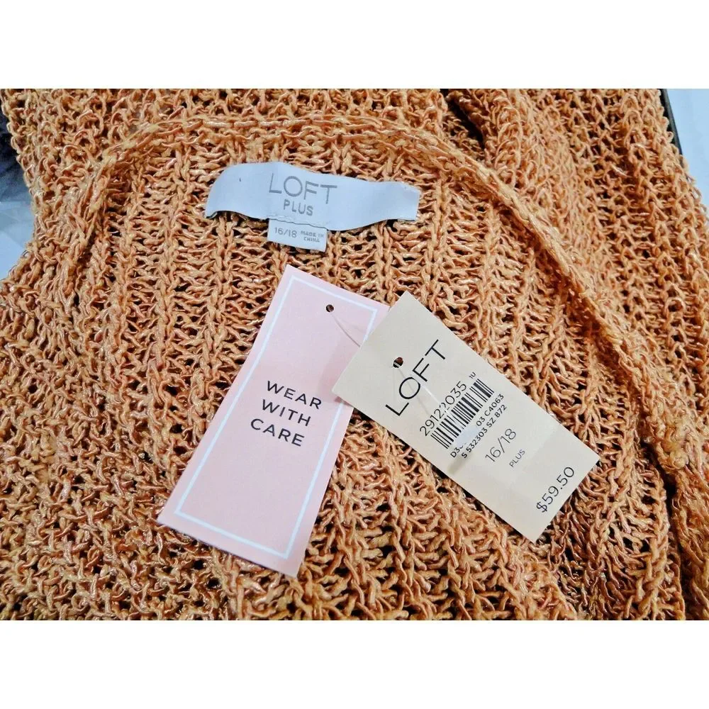 NWT Ann Taylor LOFT Plus Sz 16/18 Orange Shimmer‎ Open Knit Sweater Pullover